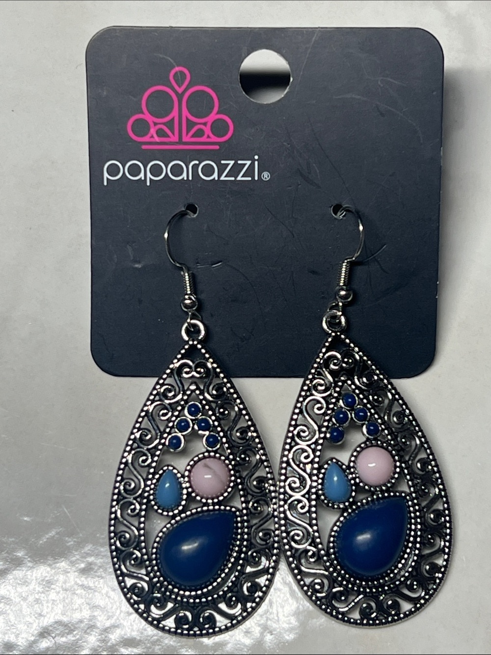 Paparazzi Silver Filigree Teardrop Earrings with Blue and Pink Accents
